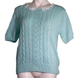Vintage Harot Mint Lace Collared Knit Short Sleeve Sweater sz m